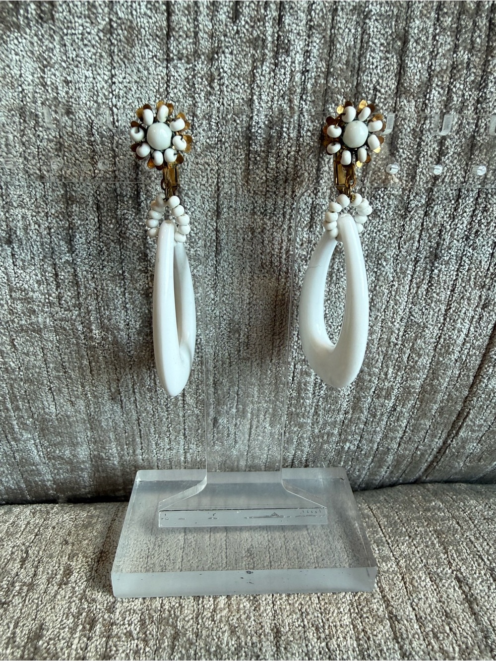 Miriam Haskell signed white and gold drop earrings